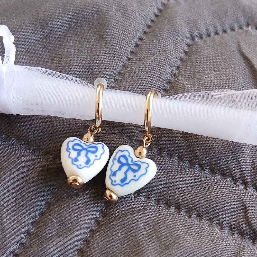 Gold and Blue Heart Earrings